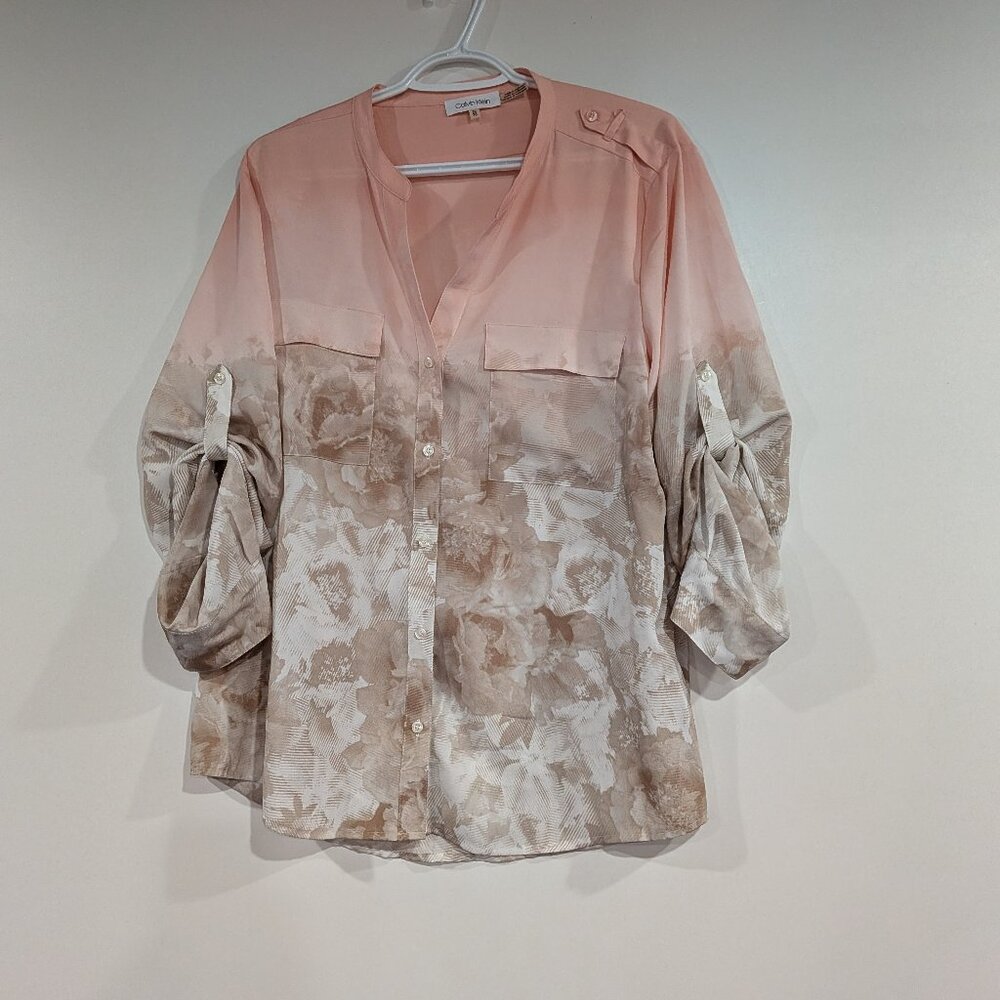 Calvin Klein Button Down Top with Rolled Sleeves Pink Beige Cream Size XL